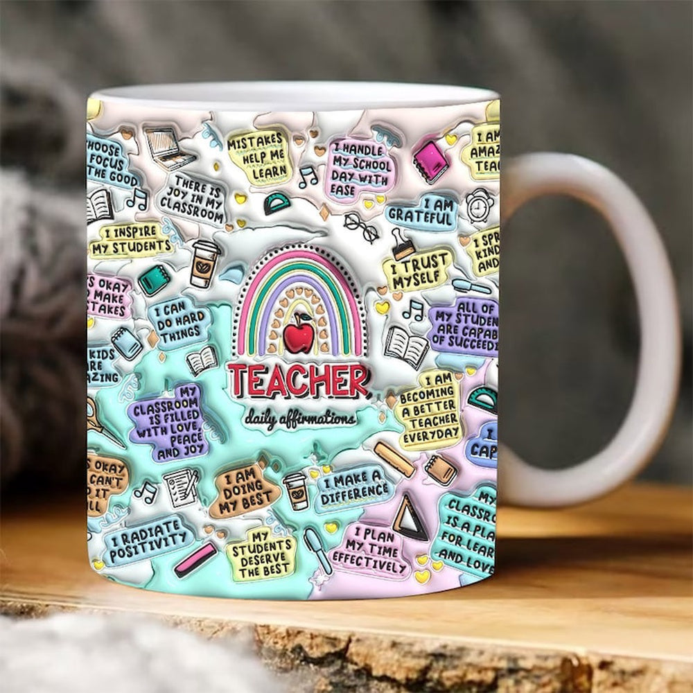 3D Inflated Teacher Mug, 3D Teacher Daily Affirmations Inflated Mug, Teacher 3D Coffee Mug, Back To School Mug