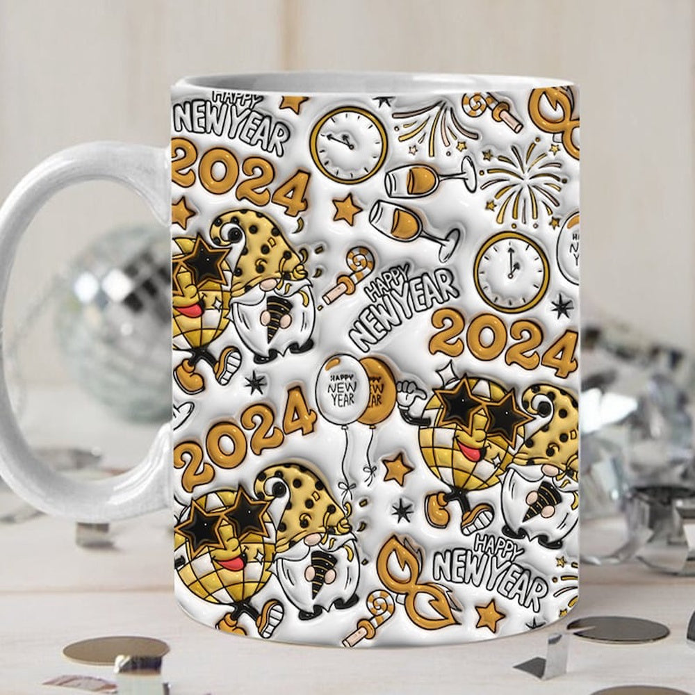 3D New Year Gnomes Inflated Mug, Disco Ball Puffy 2024 Puffy Mug, 3D Coffee Mug, Cute 3D Inflated Mug, Birthday Gift, Christimas Gift