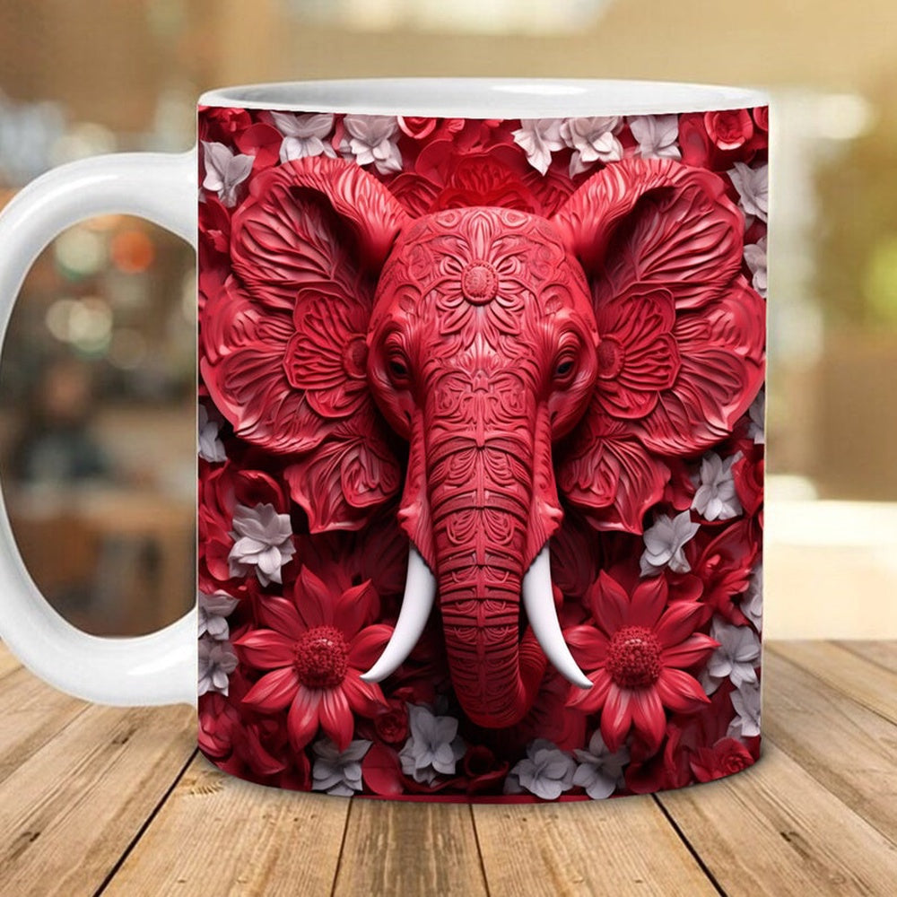 3D Red Elephant Flowers Mug, 3D Coffee Mug, Cute 3D Inflated Mug, Birthday Gift, Christimas Gift