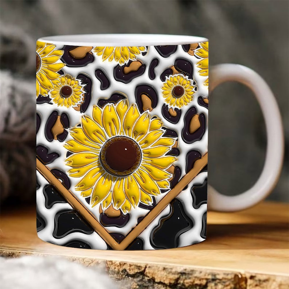 3D Sunflowers Cowhide Inflated Mug, 3D Coffee Mug, Cute 3D Inflated Mug, Birthday Gift, Christimas Gift