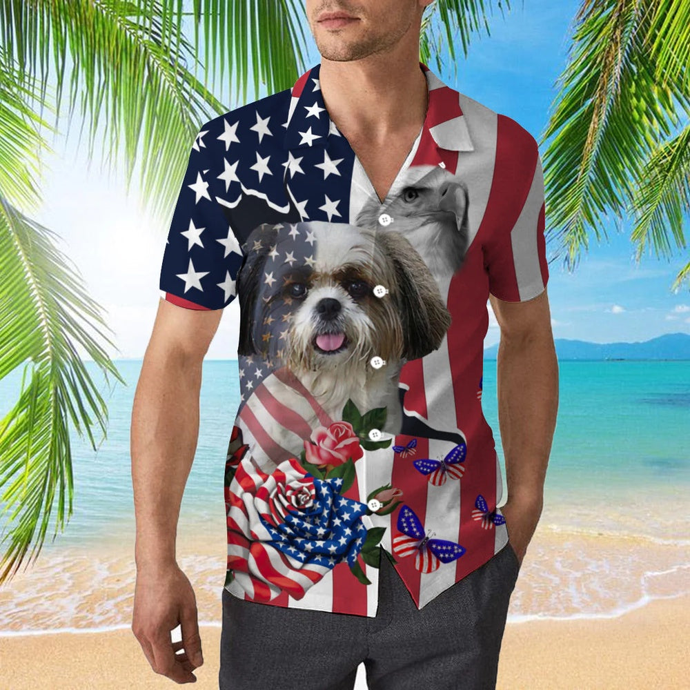 4Th Of July Hawaiian Shirts, 4Th Of July Cute Pet Shih Tzu Independence Day Hawaiian Shirt