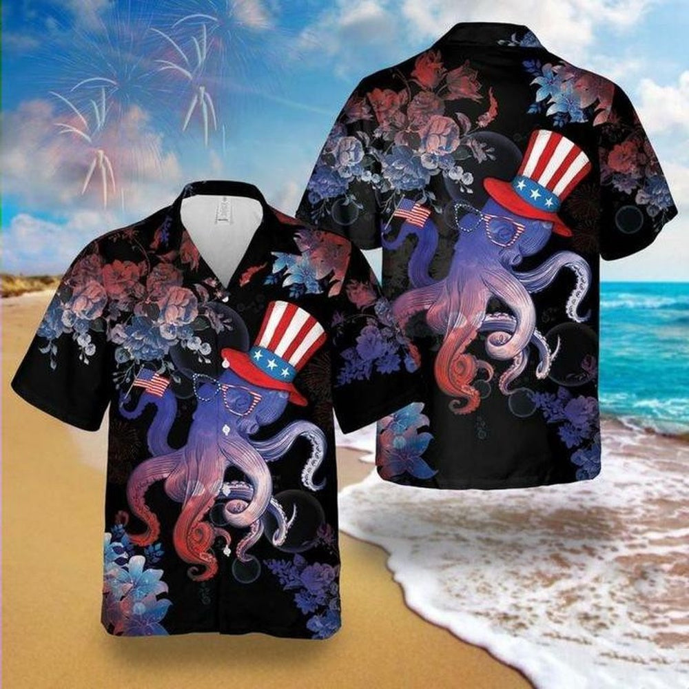 4Th Of July Hawaiian Shirts, 4Th Of July Hawaiian Shirts Octopus Celebrates 4Th Of July Flower Black Hawaii Aloha Shirt