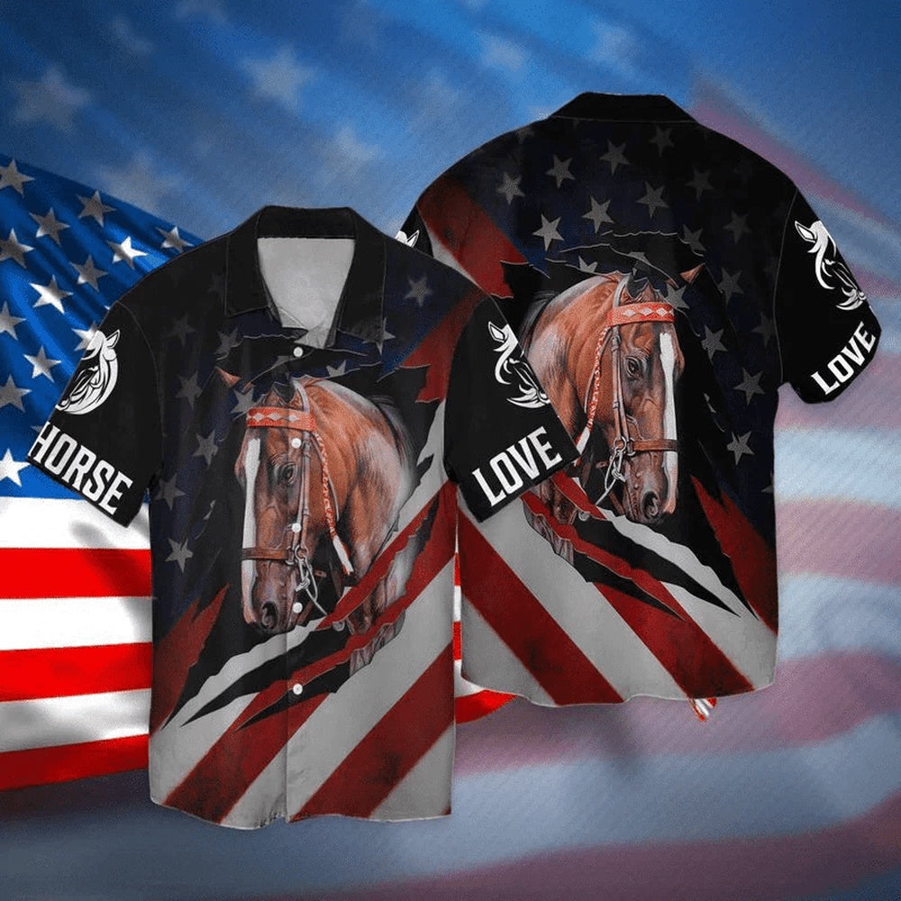 4Th Of July Hawaiian Shirts, 4Th Of July Independence Day Love Horse American Flag Hawaiian Shirt