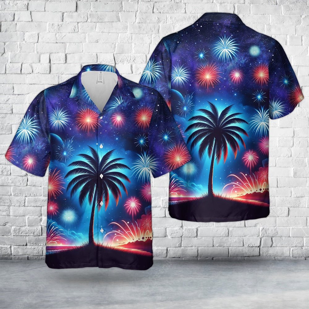 4Th Of July Hawaiian Shirts, 4Th Of July Tropical Palm Tree And Firework Hawaiian Shirt, Hawaiian Firefighter Shirts