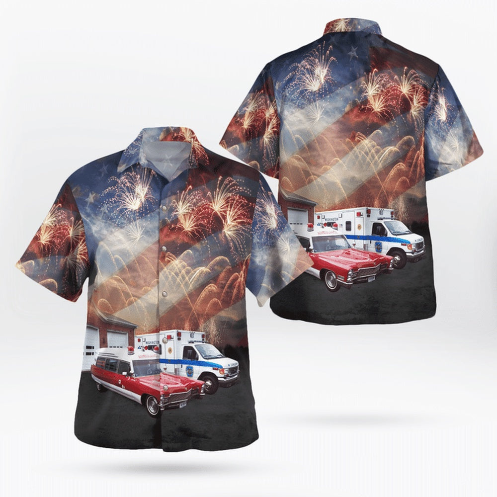4Th Of July Hawaiian Shirts, 4Th Of July Washington Ambulance Hawaiian Shirt