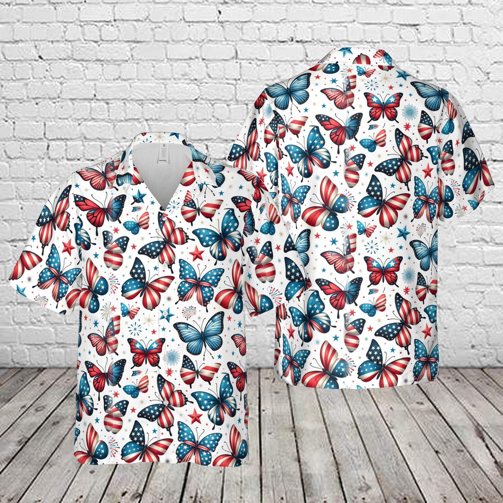 4Th Of July Hawaiian Shirts, 4th Of July Butterflies Hawaiian Shirt, Hawaiian Beach Shirts For Men Women