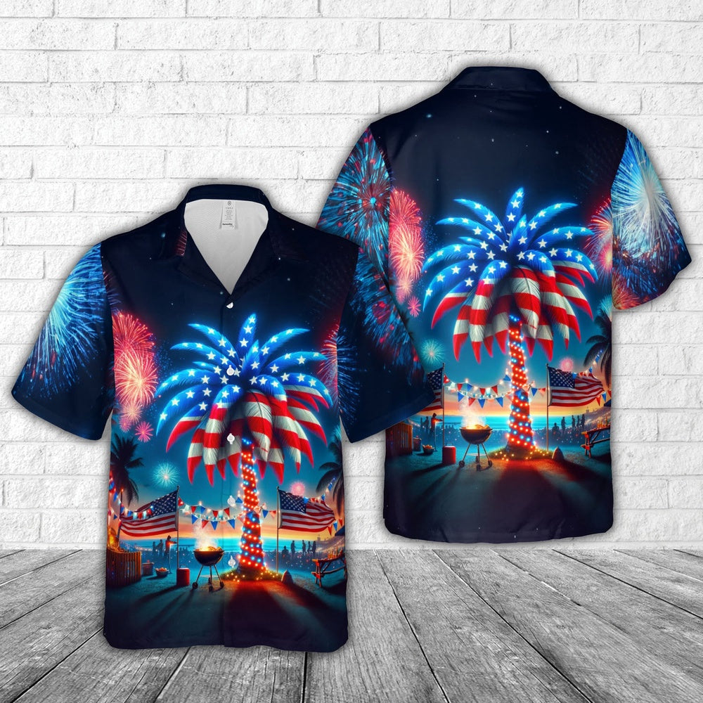 4Th Of July Hawaiian Shirts, 4th Of July Palm Tree Hawaiian Shirt, Hawaiian Beach Shirts For Men Women