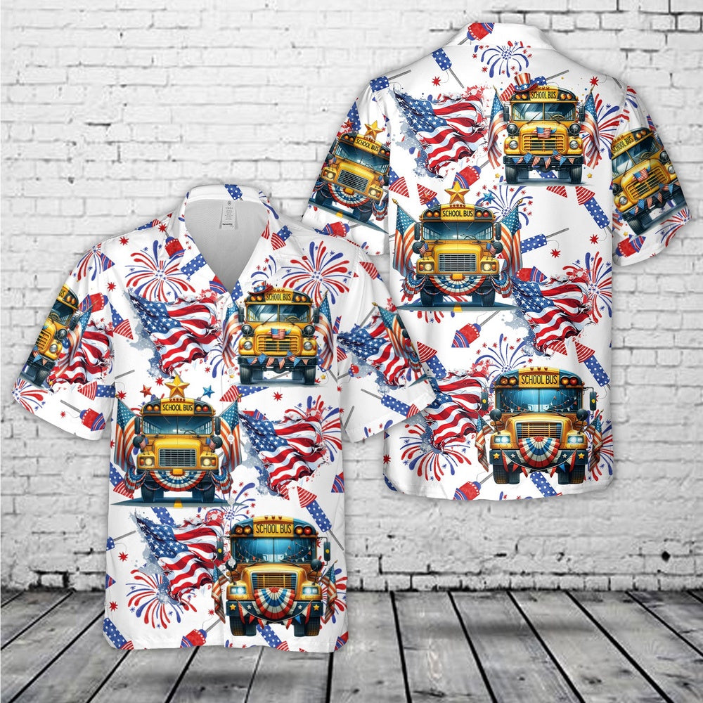4Th Of July Hawaiian Shirts, 4th Of July School Bus Hawaiian Shirt, Hawaiian Beach Shirts For Men Women