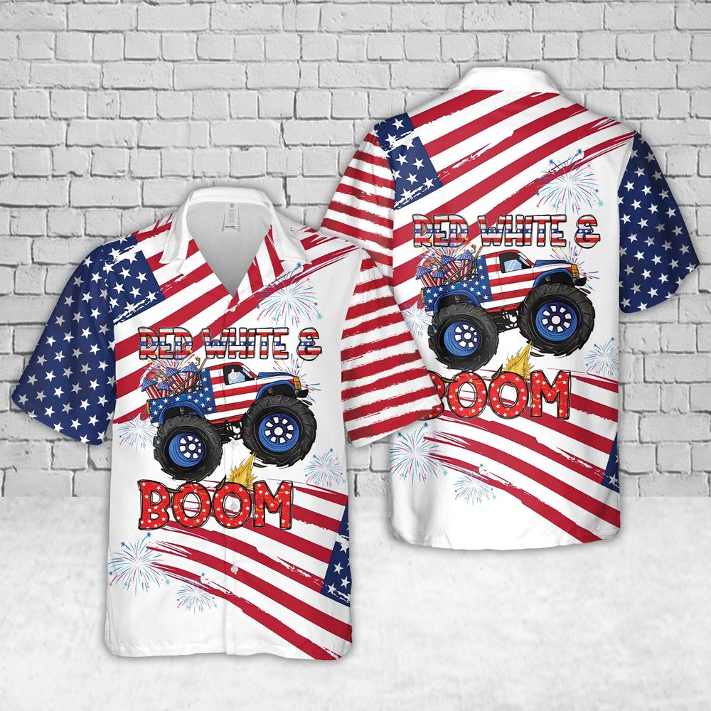 4Th Of July Hawaiian Shirts, 4th of July Monster Truck Hawaiian Shirt, Hawaiian Beach Shirts For Men Women