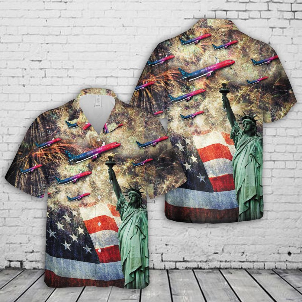 4Th Of July Hawaiian Shirts, Alaska Airlines More To Love Airbus A321 Neo 4Th Of July Hawaiian Shirt, Military Aloha Shirts