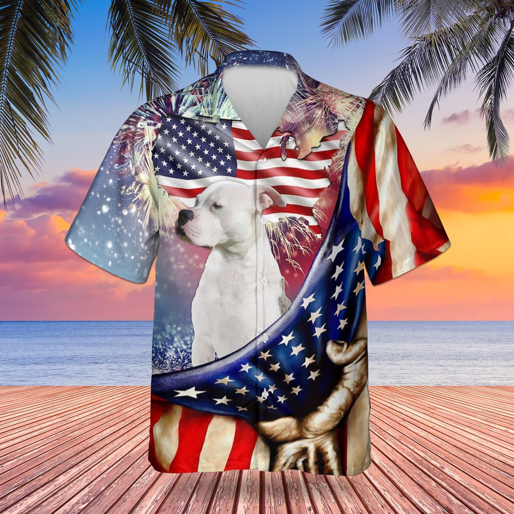 4Th Of July Hawaiian Shirts, American Bulldog Happy Independence Day Hawaiian Shirt Dog USA Flag Firework 4th Of July 2024