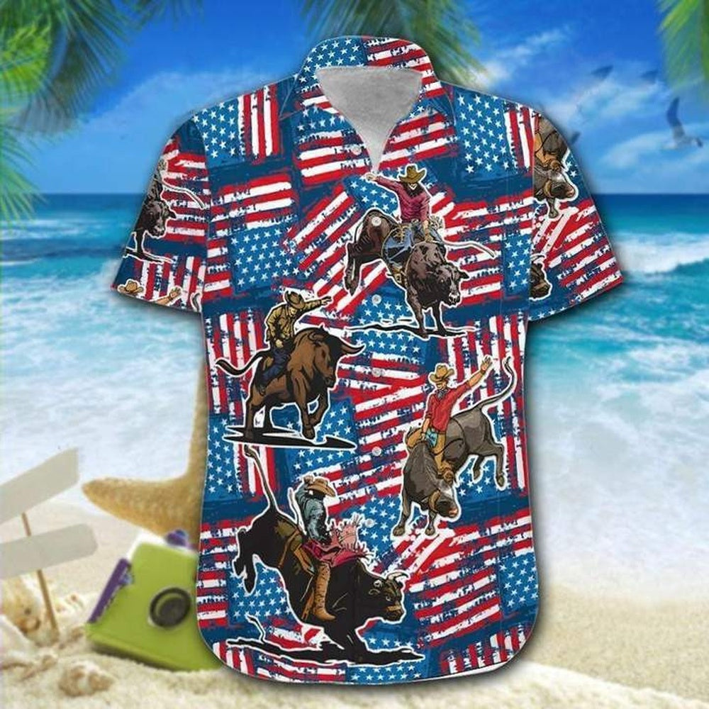 4Th Of July Hawaiian Shirts, Bull Riding American Flag 4Th Of July Hawaiian Shirts
