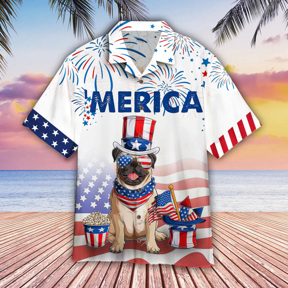 4Th Of July Hawaiian Shirts, Bulldog American Flag 4Th Of July Firework Hawaiian Shirt