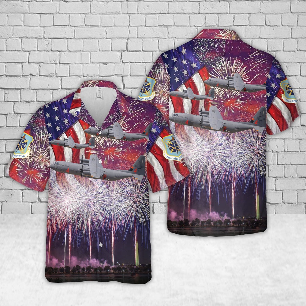 4Th Of July Hawaiian Shirts, California Air National Guard 146Th Airlift Wing Lockheed Martin C-130J-30 Hercules (L-382) 4Th Of July Hawaiian Shirt