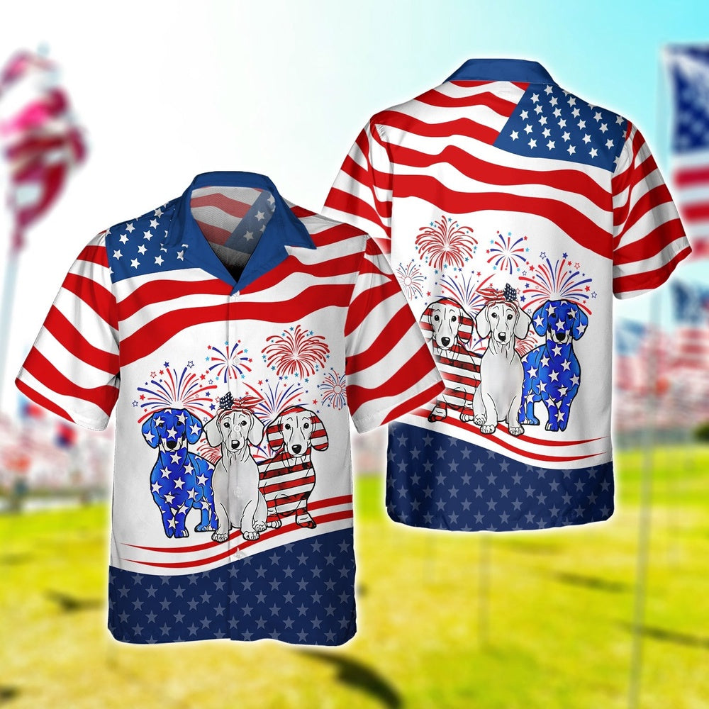 4Th Of July Hawaiian Shirts, Dachshund American Flag Hawaiian Shirt Happy 4th Of July Short Sleeve Button Up Men's Gift