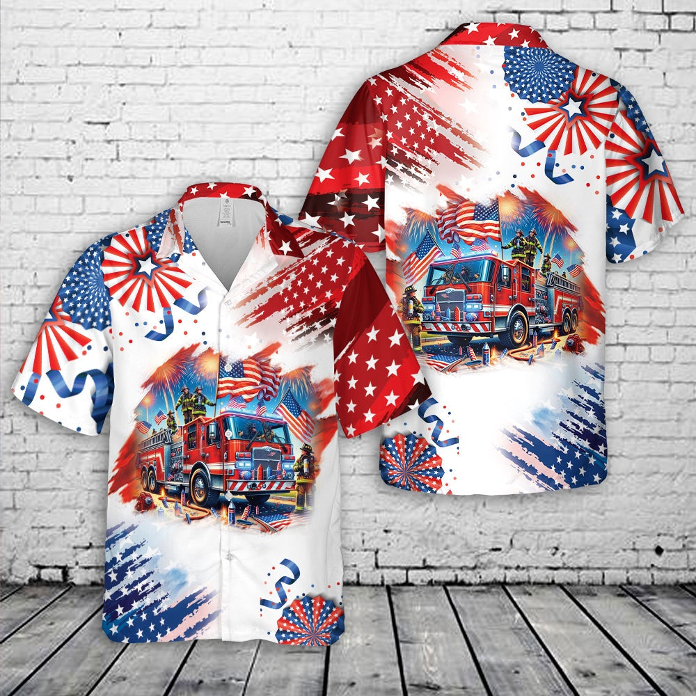 4Th Of July Hawaiian Shirts, Fire Truck 4Th Of July Hawaiian Shirt, Hawaiian Firefighter Shirts