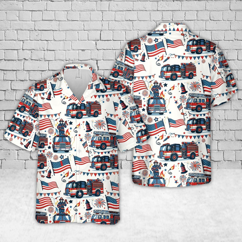 4Th Of July Hawaiian Shirts, Fire Truck 4Th Of July Hawaiian Shirts, Hawaiian Firefighter Shirts