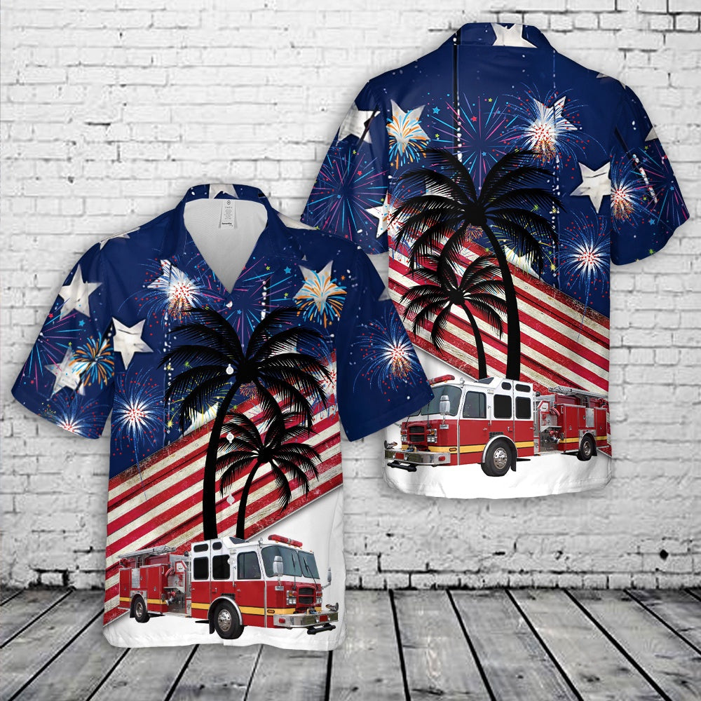 4Th Of July Hawaiian Shirts, Fire Truck Firefighter Hawaiian Shirt 4Th Of July Hawaiian Shirt, Hawaiian Firefighter Shirts