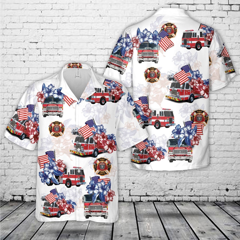 4Th Of July Hawaiian Shirts, Fire Trucks Firefighter 4Th Of July Hawaiian Shirt, Hawaiian Firefighter Shirts