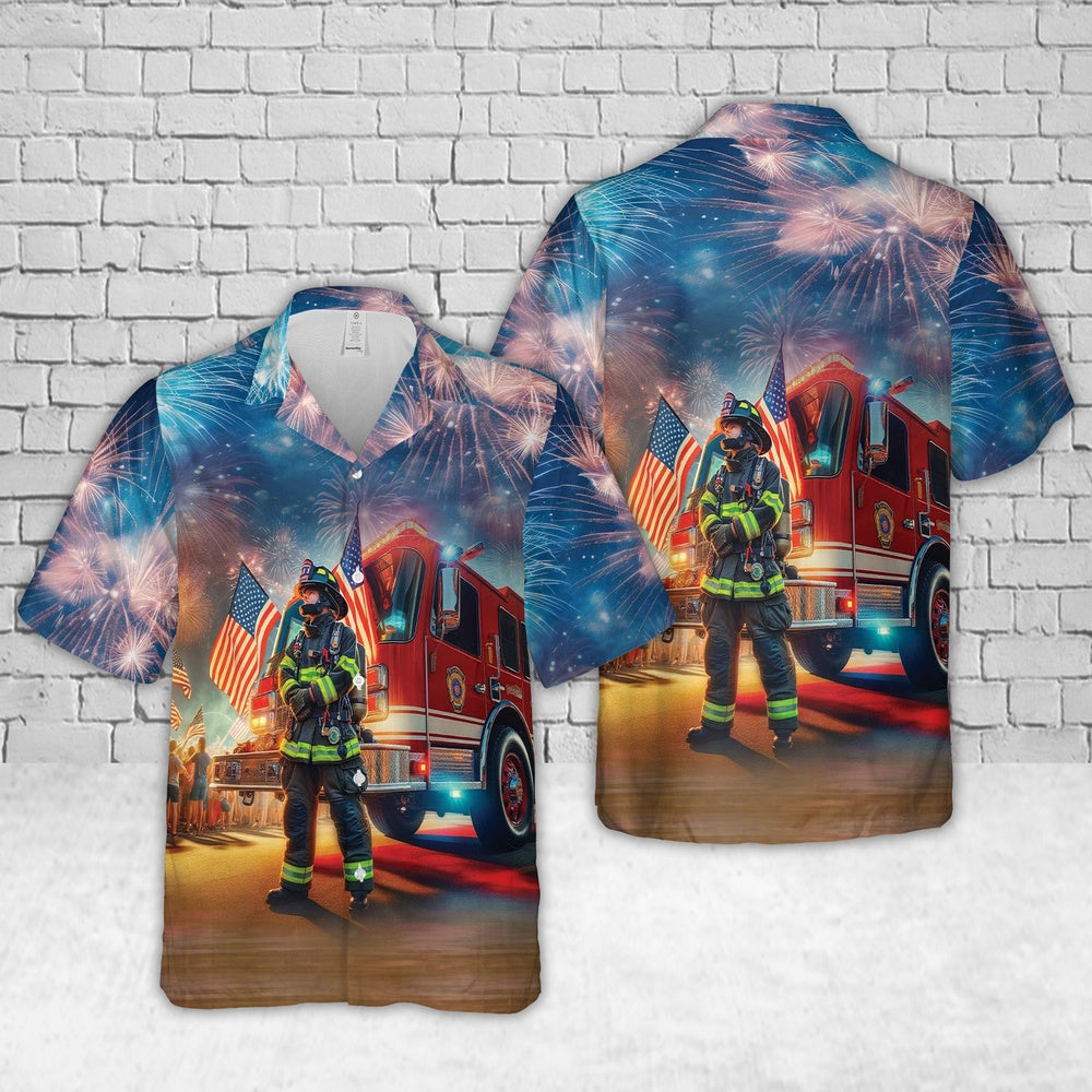 4Th Of July Hawaiian Shirts, Firefighter Fire Truck 4 4Th Of July Hawaiian Shirt, Hawaiian Firefighter Shirts
