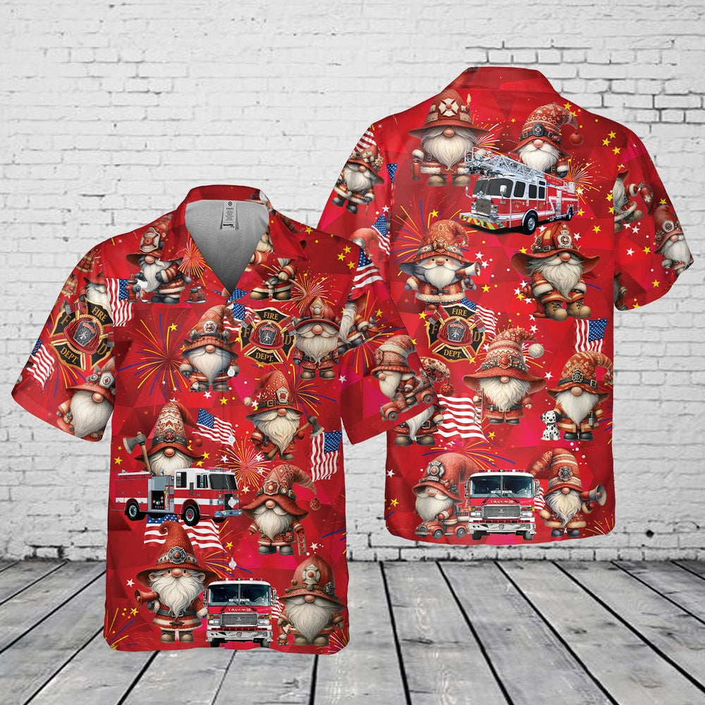 4Th Of July Hawaiian Shirts, Firefighter Gnome Firefighter Fire Truck 4Th Of July Pocket Hawaiian Shirt, Hawaiian Firefighter Shirts