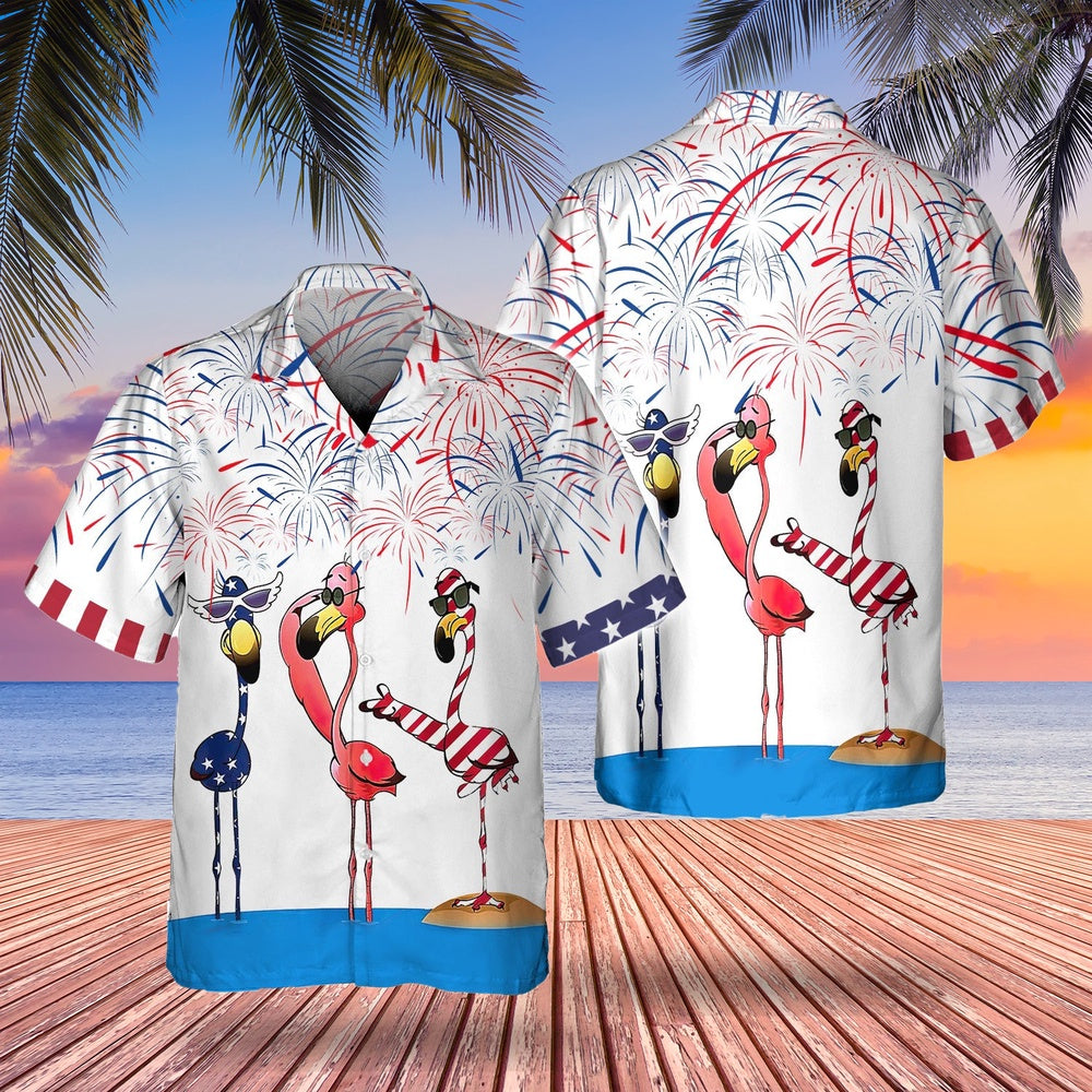 4Th Of July Hawaiian Shirts, Flamingo Fireworks 4Th Of July Hawaiian Shirts Mens Flamingo Button Down Shirt
