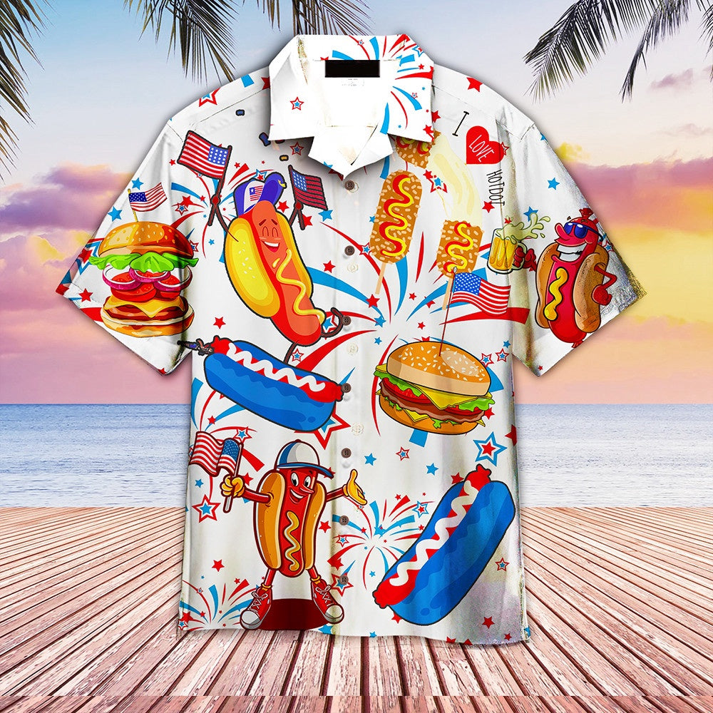 4Th Of July Hawaiian Shirts, I Love Hotdog Independence Day Hawaiian Shirt Funny Design 4Th Of July Button Down Shirt Men's