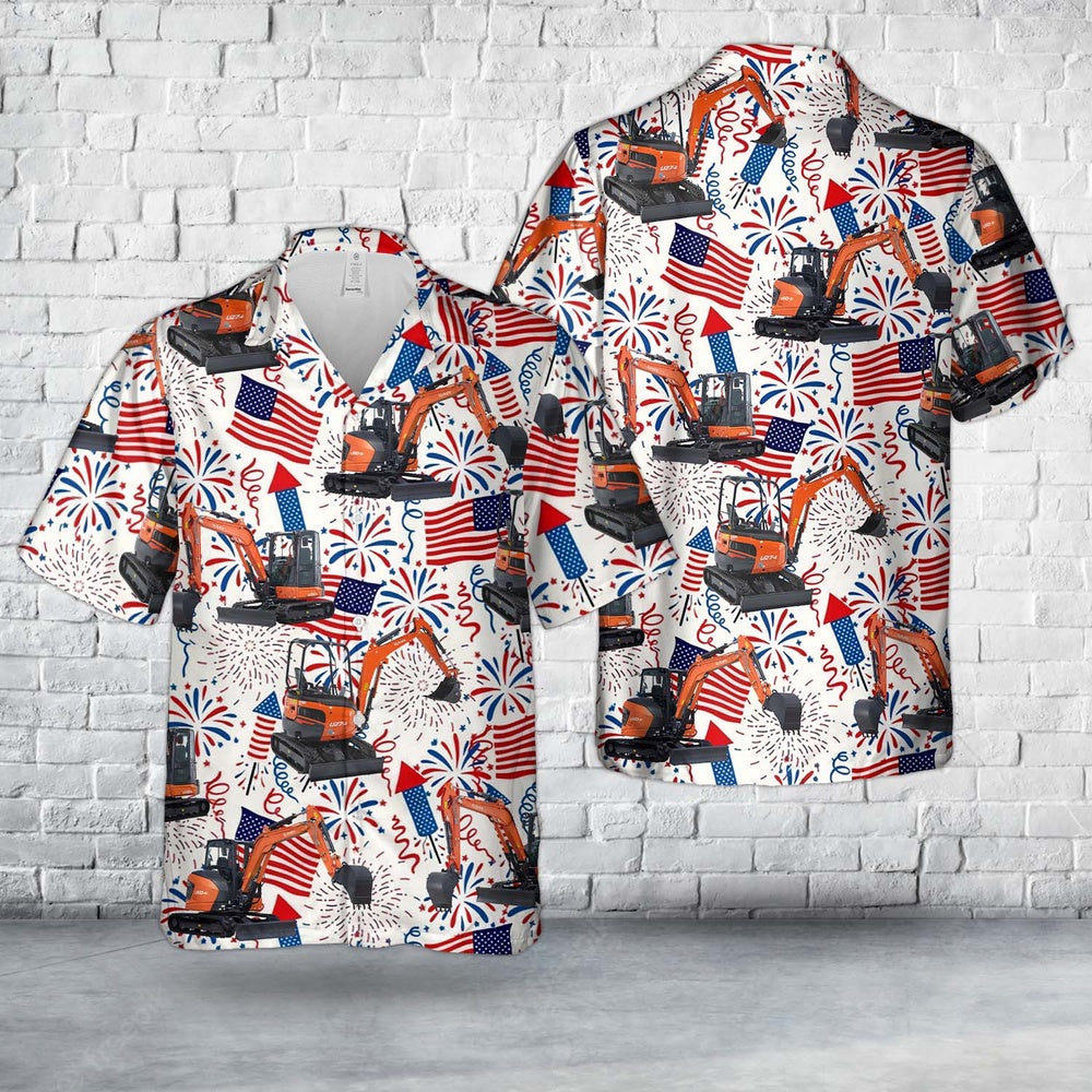 4Th Of July Hawaiian Shirts, Kubota Excavator 4th Of July Hawaiian Shirt, Hawaiian Beach Shirts For Men Women