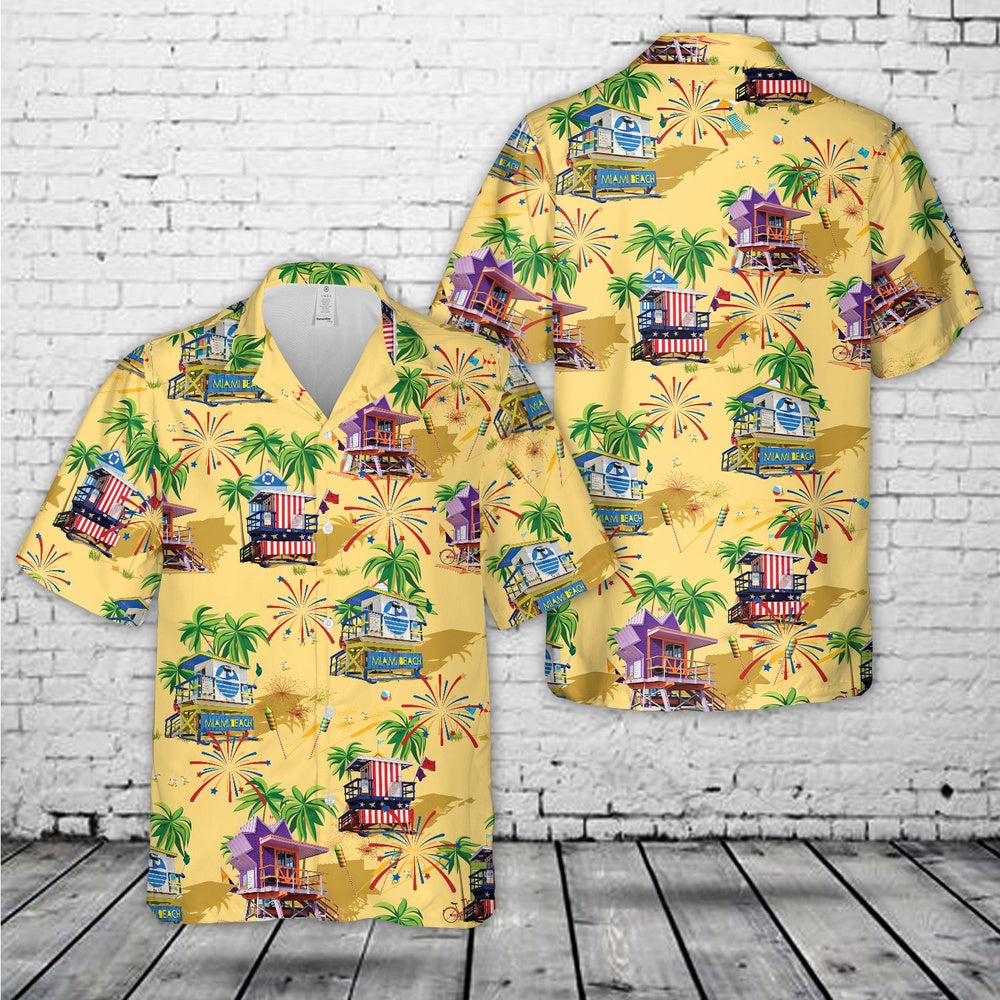 4Th Of July Hawaiian Shirts, Lifeguard Hut Miami Beach 4th Of July Hawaiian Shirt, Hawaiian Beach Shirts For Men Women