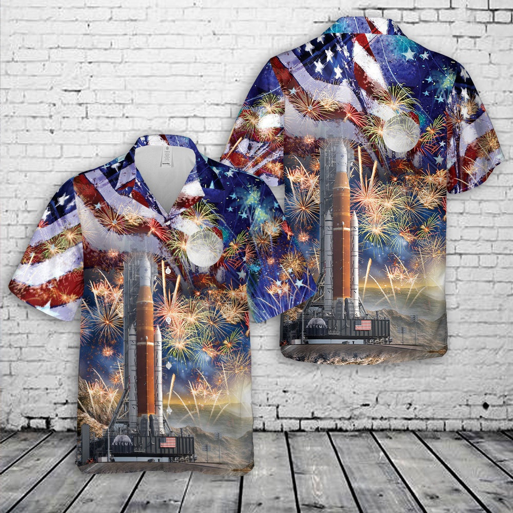 4Th Of July Hawaiian Shirts, Nasa Artemis Sls Moon Rocket 4Th Of July Hawaiian Shirt, Military Aloha Shirts