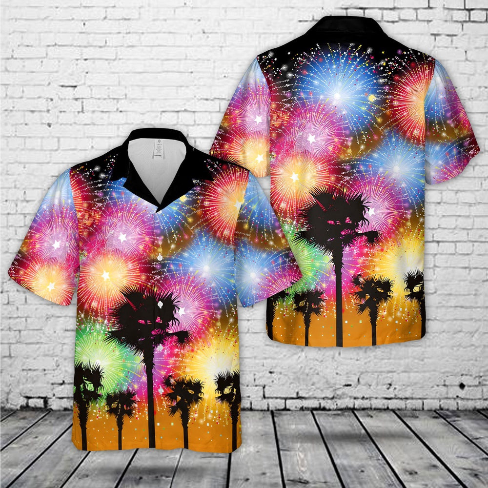 4Th Of July Hawaiian Shirts, Palm Trees Fireworks 4Th Of July Hawaiian Shirt, Hawaiian Firefighter Shirts