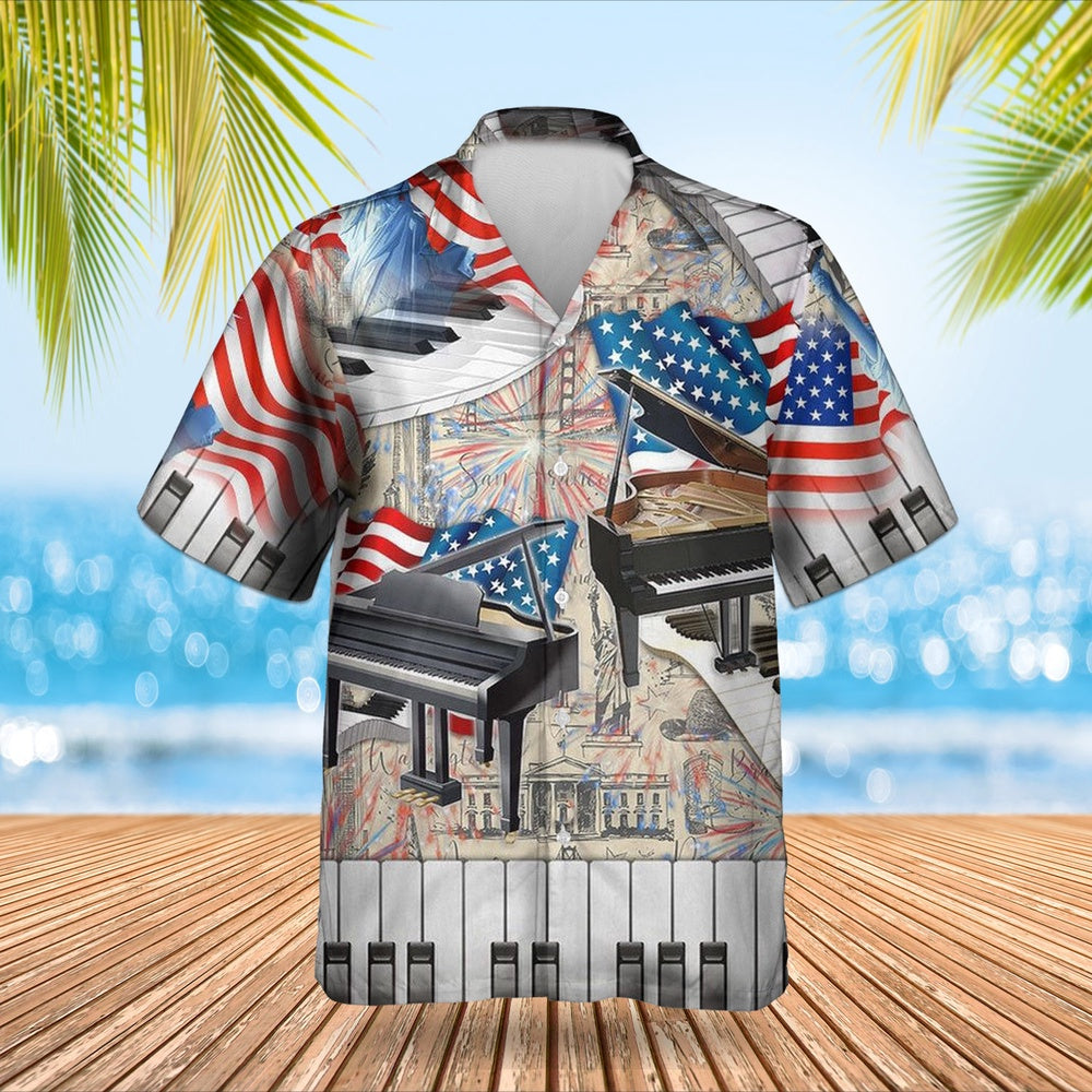 4Th Of July Hawaiian Shirts, Piano 4Th July Hawaiian Shirt Usa Flag Independence Day Gifts For Piano Lovers