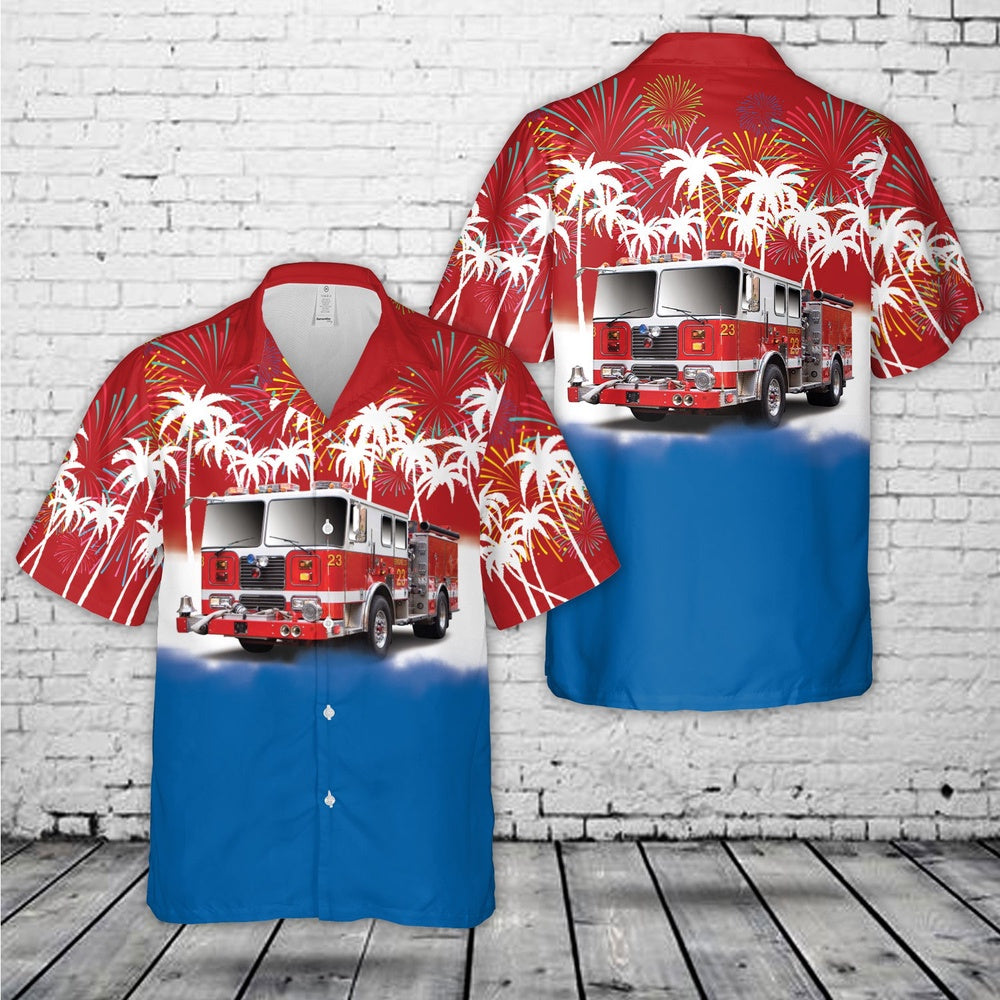 4Th Of July Hawaiian Shirts, Red White & Blue Fire Trucks 4Th Of July Hawaiian Shirt, Hawaiian Firefighter Shirts