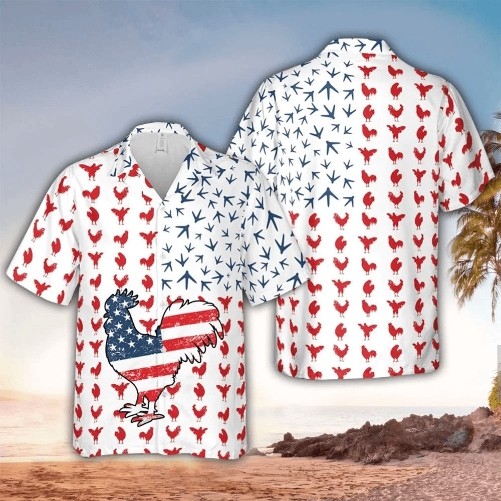 4Th Of July Hawaiian Shirts, Rooster American Flag Hawaiian Shirt For Men Women - 4Th Of July Button Down Aloha Shirt