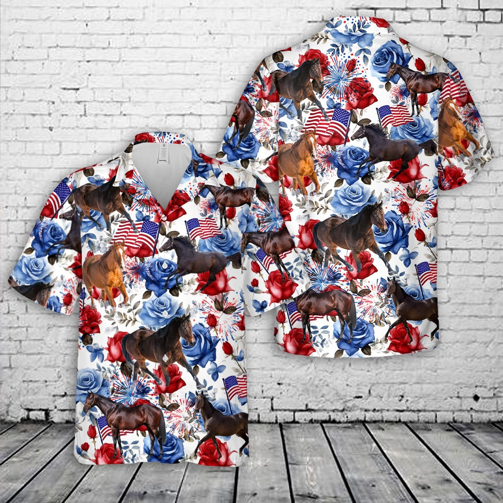 4Th Of July Hawaiian Shirts, Thoroughbred Horse 4Th Of July Hawaiian Shirt, Military Aloha Shirts