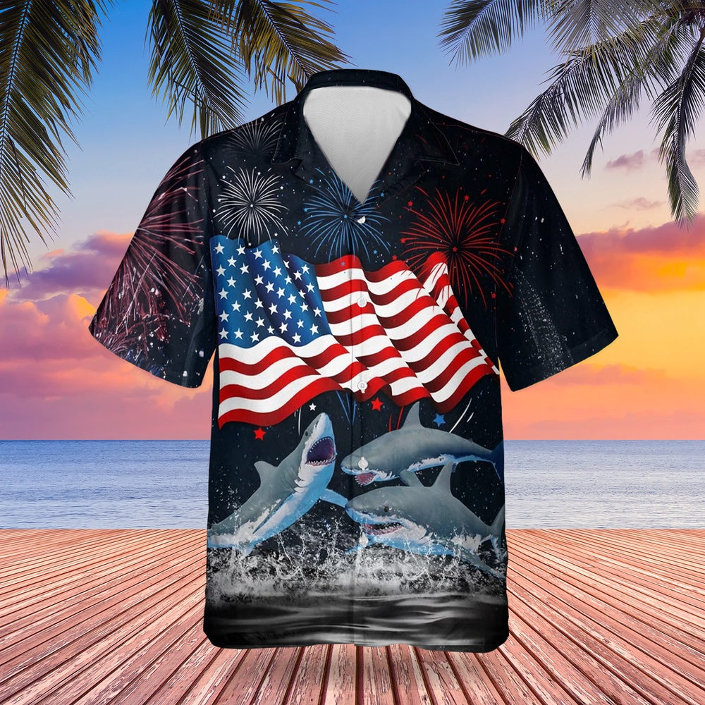 4Th Of July Hawaiian Shirts, Three Sharks Happy Independence Day Hawaiian Shirt 4Th Of July Shark Gifts For Him