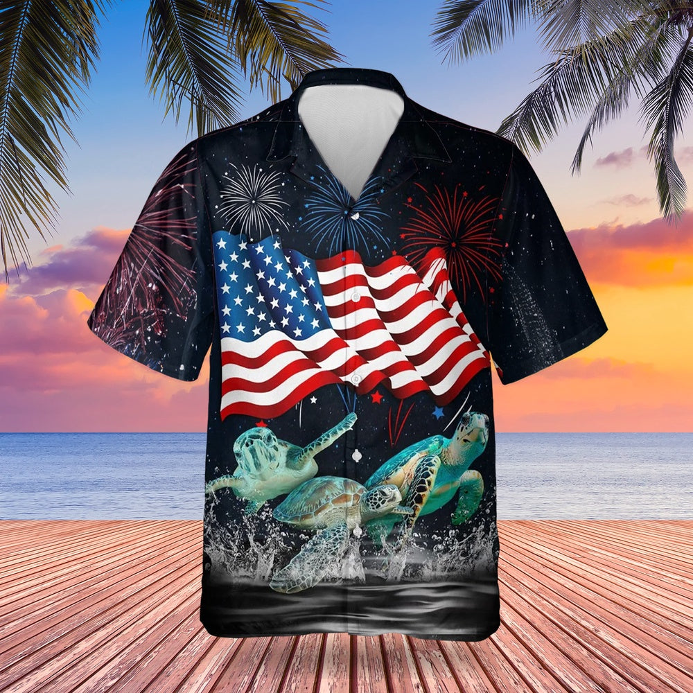 4Th Of July Hawaiian Shirts, Three Turtles Happy Independence Day Hawaiian Shirt 4Th Of July Sea Turtle Lover Gifts