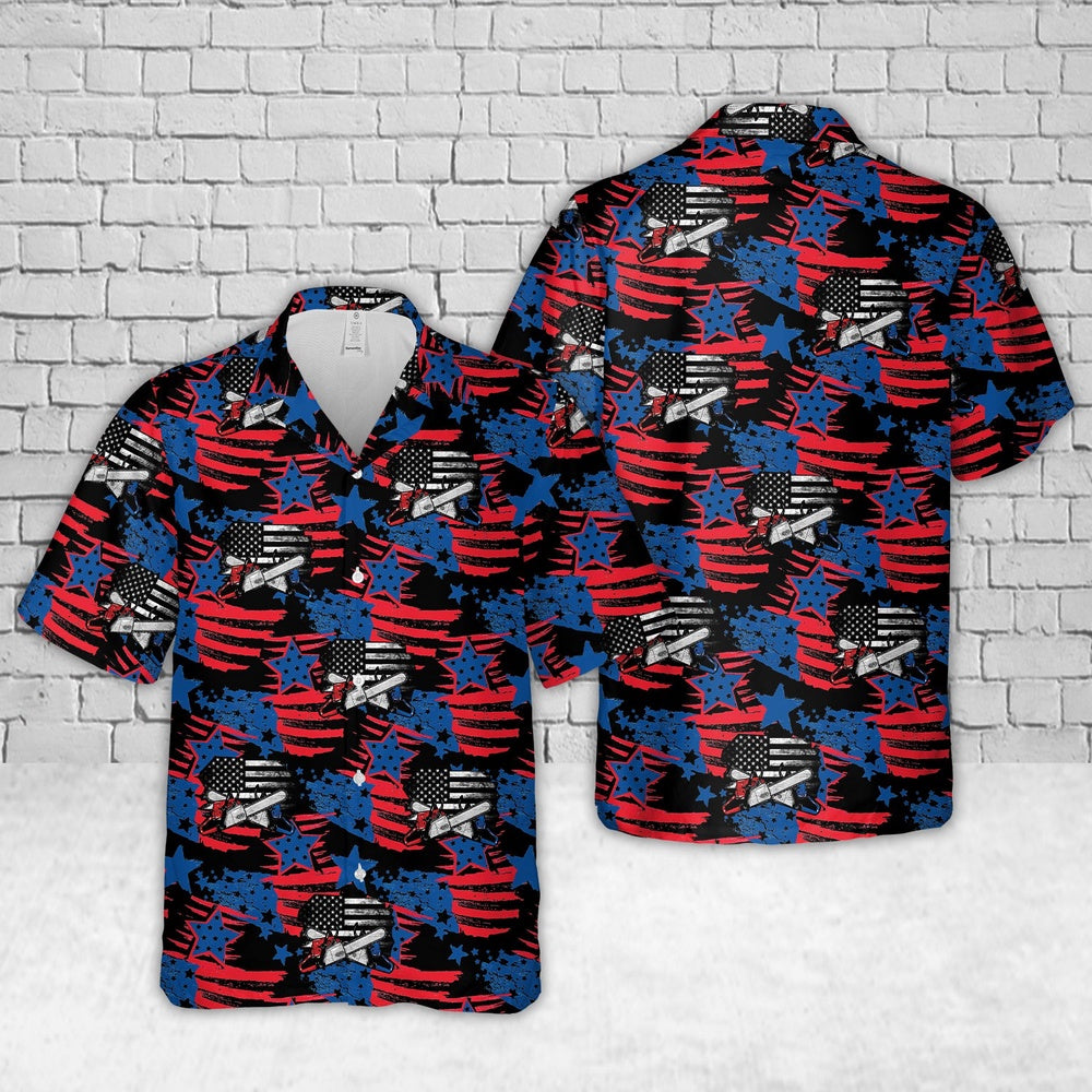 4Th Of July Hawaiian Shirts, Tree Logger Usa Flag 4Th Of July Proud American Lumberjack Hawaiian Shirt, Military Aloha Shirts