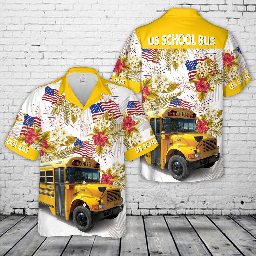 4Th Of July Hawaiian Shirts, US School Bus 4th Of July Hawaiian Shirt, Hawaiian Beach Shirts For Men Women