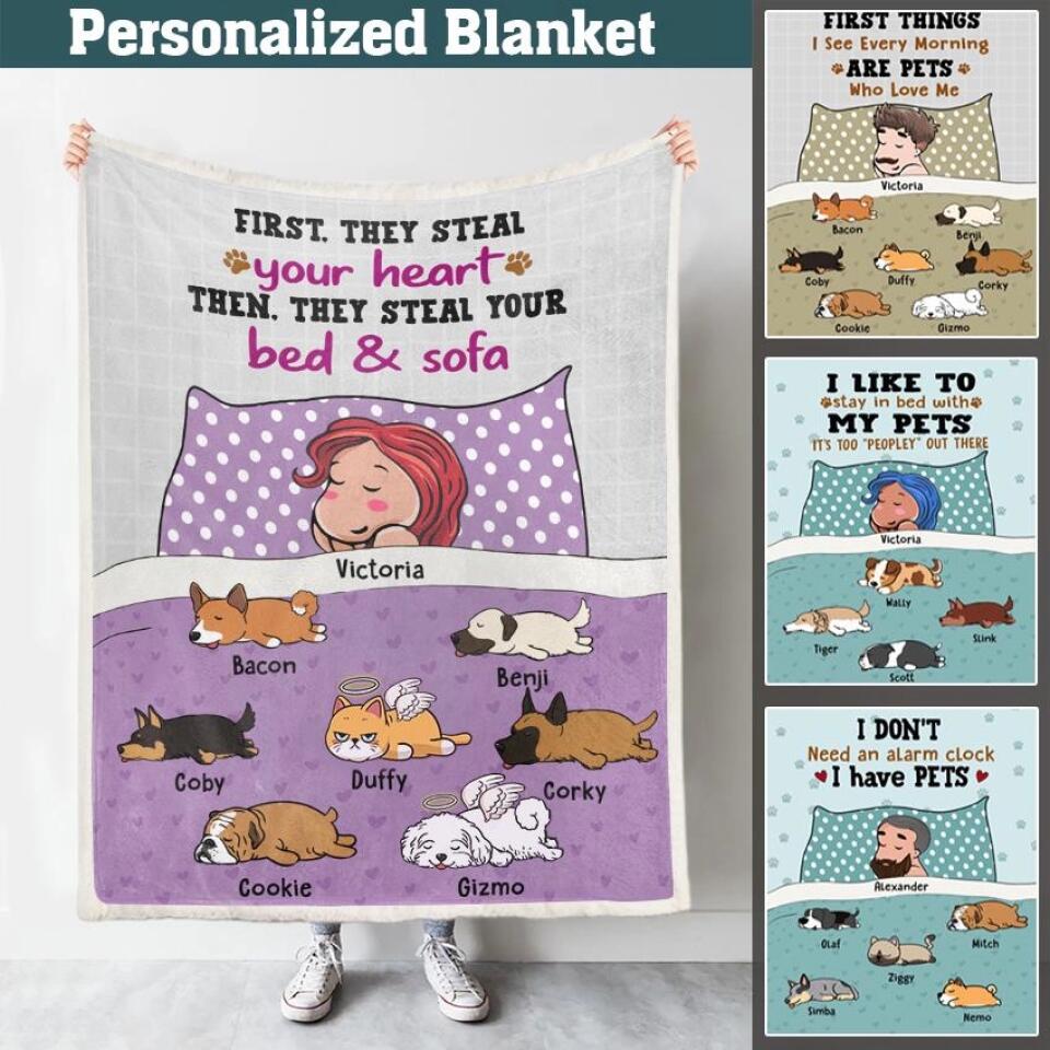 Custom Sherpa Fleece Blanket, Funny Gift For Him Her with Personalized Name Dad Mom Pets, First They Steal Your Heart Blanket