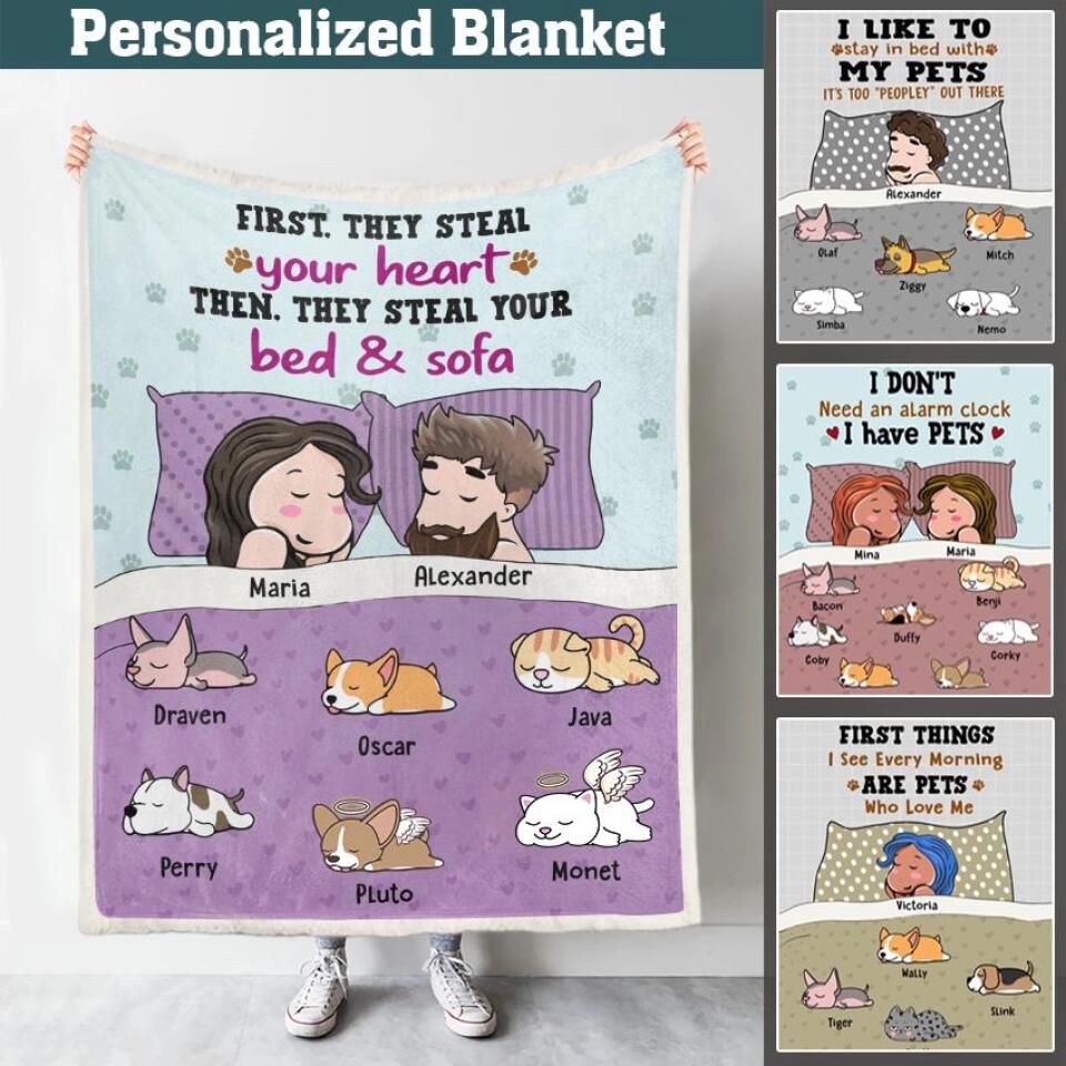 Personalized Blanket For Dog Cat Lovers - Dad & Mom with Lazy Pets - Choose up to 7 Pets