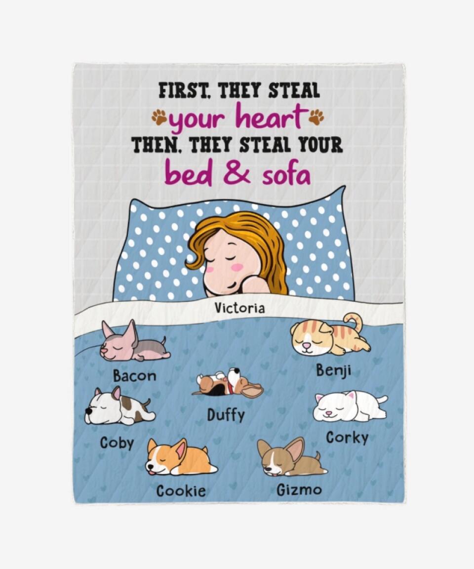 Personalized Blanket for Couples Pet Lovers - Funny Gift with Personalized Name Dad Mom Pets - First They Steal Your Heart - Up to 7 Pets