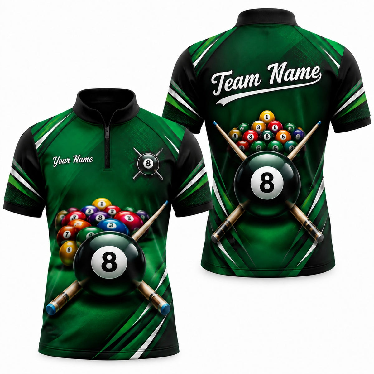 8 Ball Crossed Cues Sport Custom Billiard Polo Shirt Jersey Zip 1 4 Collar
