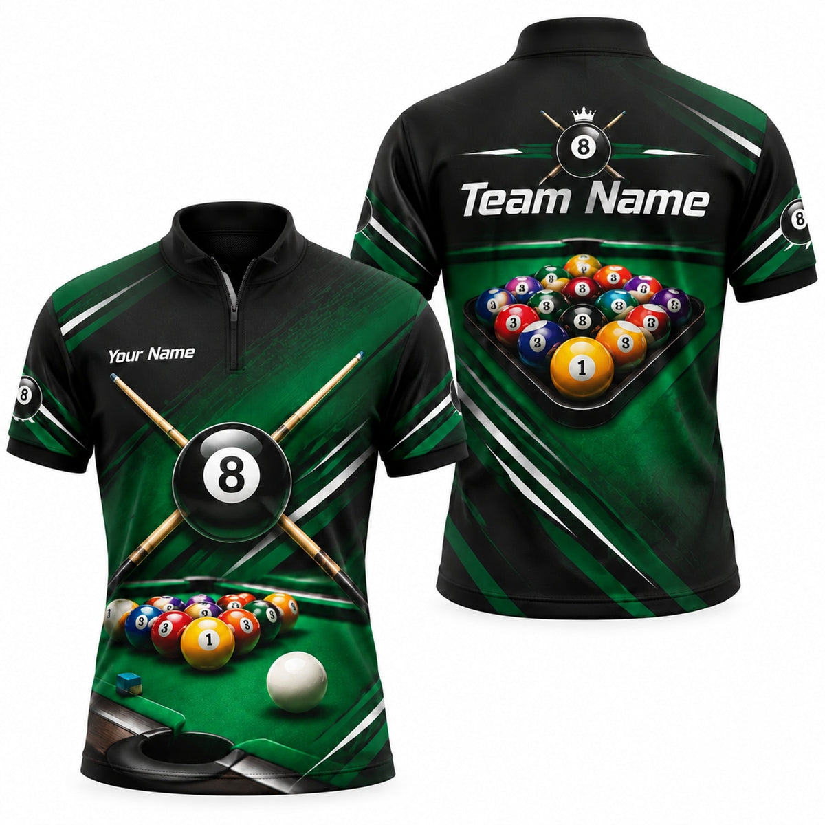 8 Ball Cue Cross Sport Personalized Billiard Polo Shirt Jersey Zip 1 4 Collar