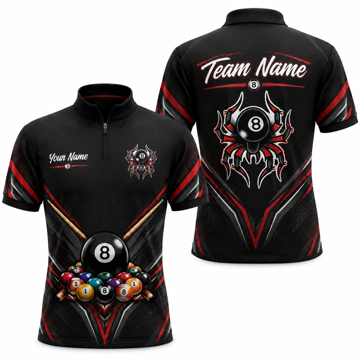 8 Ball Spider Emblem Sport Personalized Billiard Polo Shirt Jersey Zip 1 4 Collar