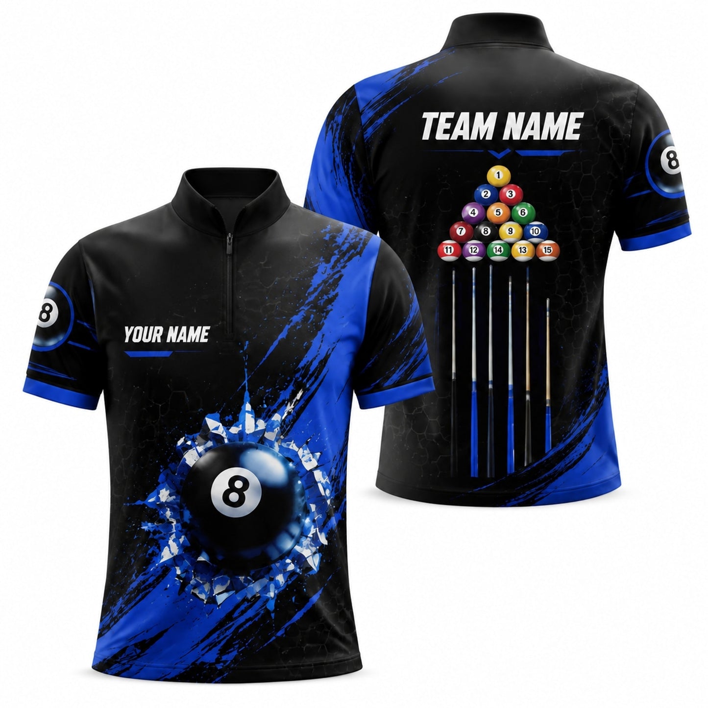 8 Ball Team Name Personalized Billiard Polo Shirt Jersey Zip 1 4 Collar
