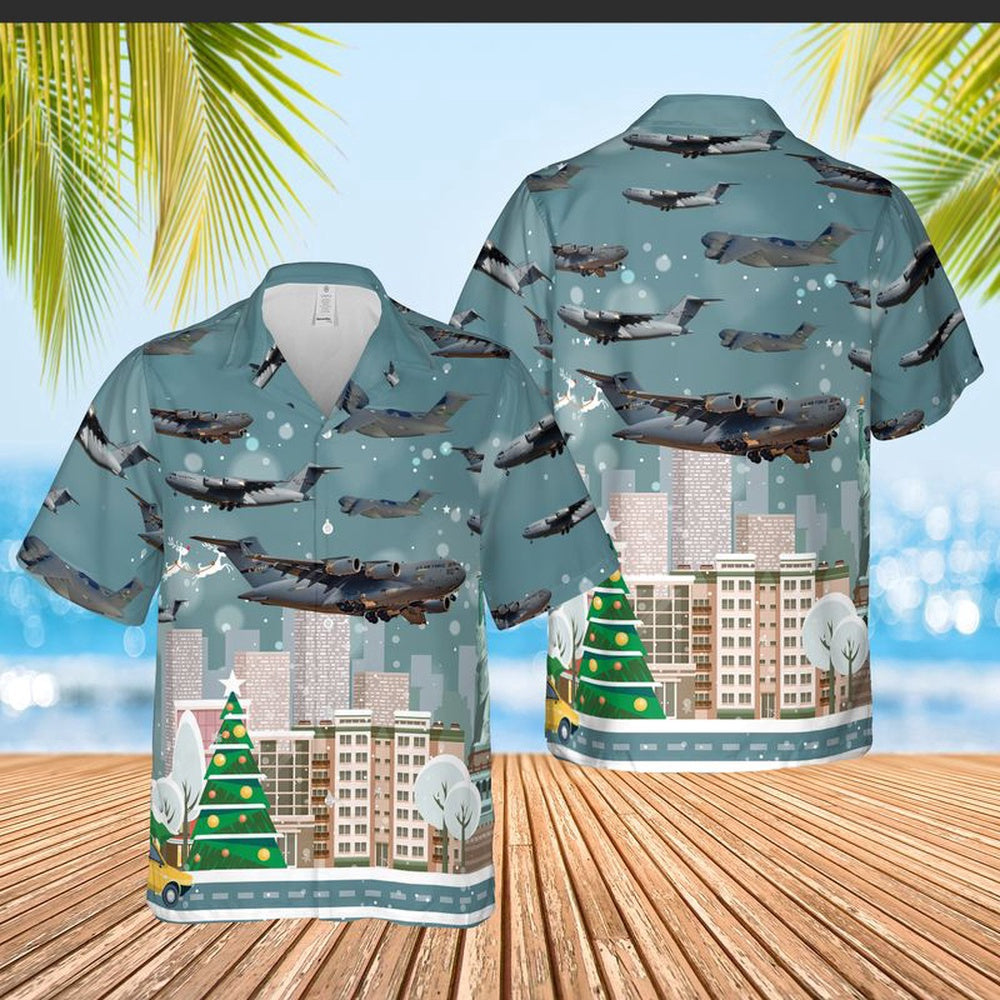 Air Force Hawaiian Shirt, C-17 Globemaster III New York Air National Guard Christmas Hawaiian Shirt, Airplane Hawaiian Shirt, Military Aloha Shirts