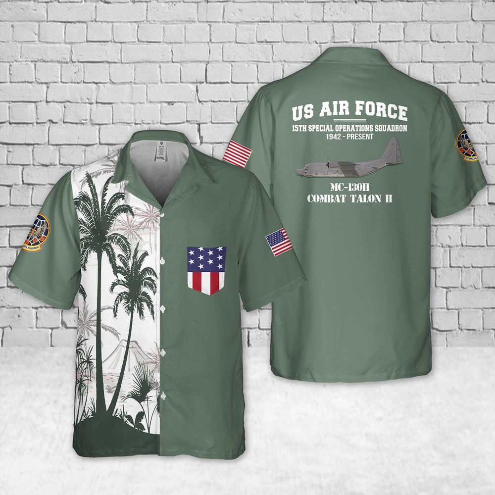 Air Force Hawaiian Shirt, Hurlburt Field, Florida, US Air Force 15th Special Operations Squadron MC-130H Combat Talon II Pocket Hawaiian Shirt