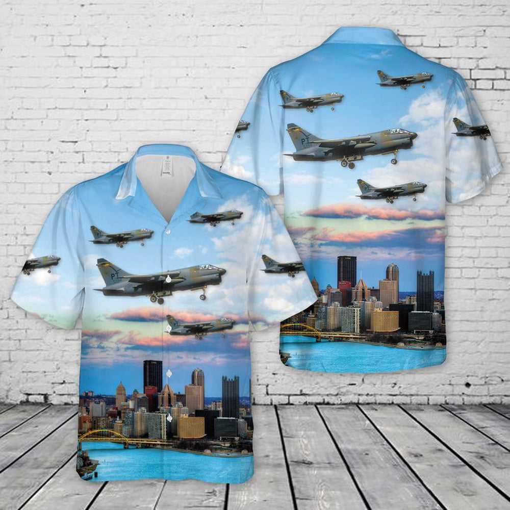 Air Force Hawaiian Shirt, USAF 146th Pennsylvania Air National Guard Tactical Fighter Squadron A-7D-12-CV Corsair II Hawaiian Shirt