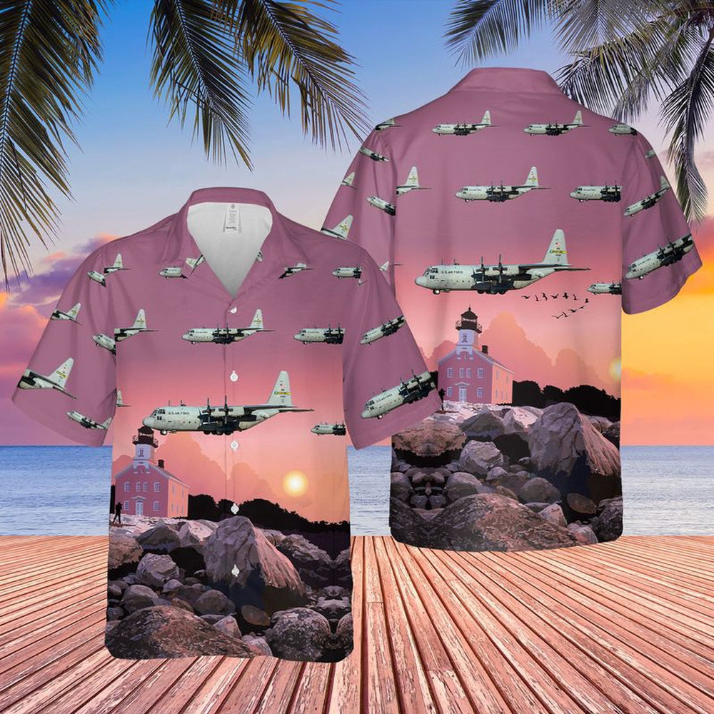 Air Force Hawaiian Shirt, USAF Connecticut Air National Guard 118th Airlift Squadron C-130H Hercules Hawaiian Shirt, Airplane Hawaiian Shirt